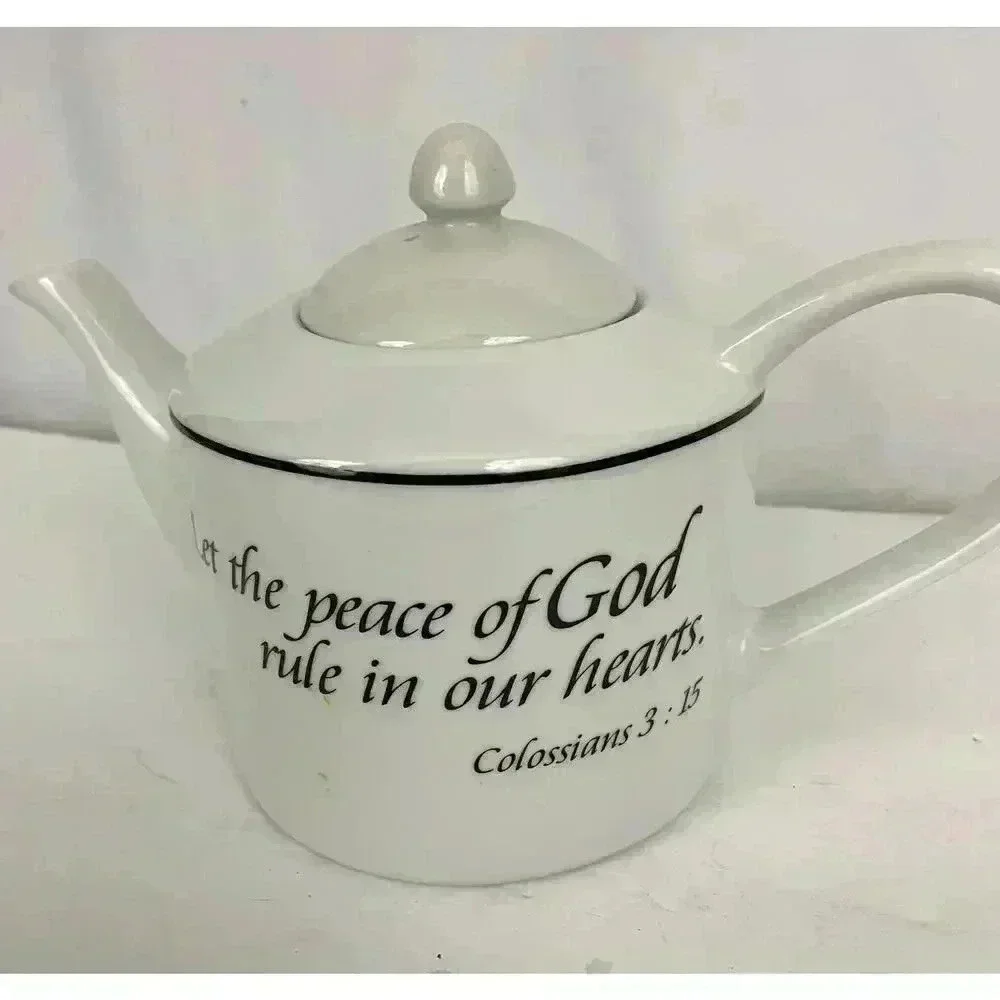 White Scripture Teapot Colossians 3:15‎ Peace of God Rule Hearts Microwave Safe